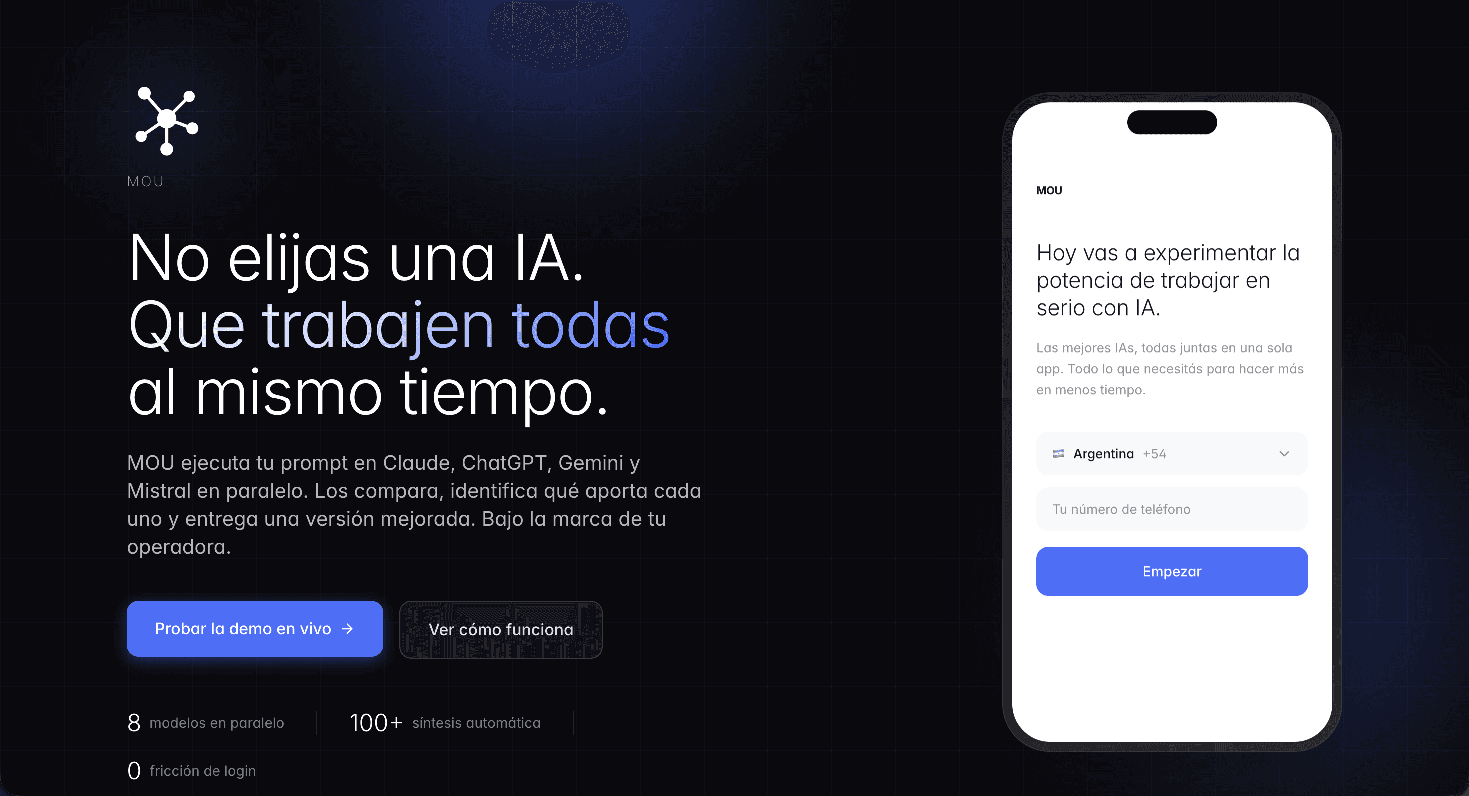 MOU — No elijas una IA. Que trabajen todas al mismo tiempo. Claude, ChatGPT, Gemini y Mistral en paralelo bajo la marca de tu operadora.