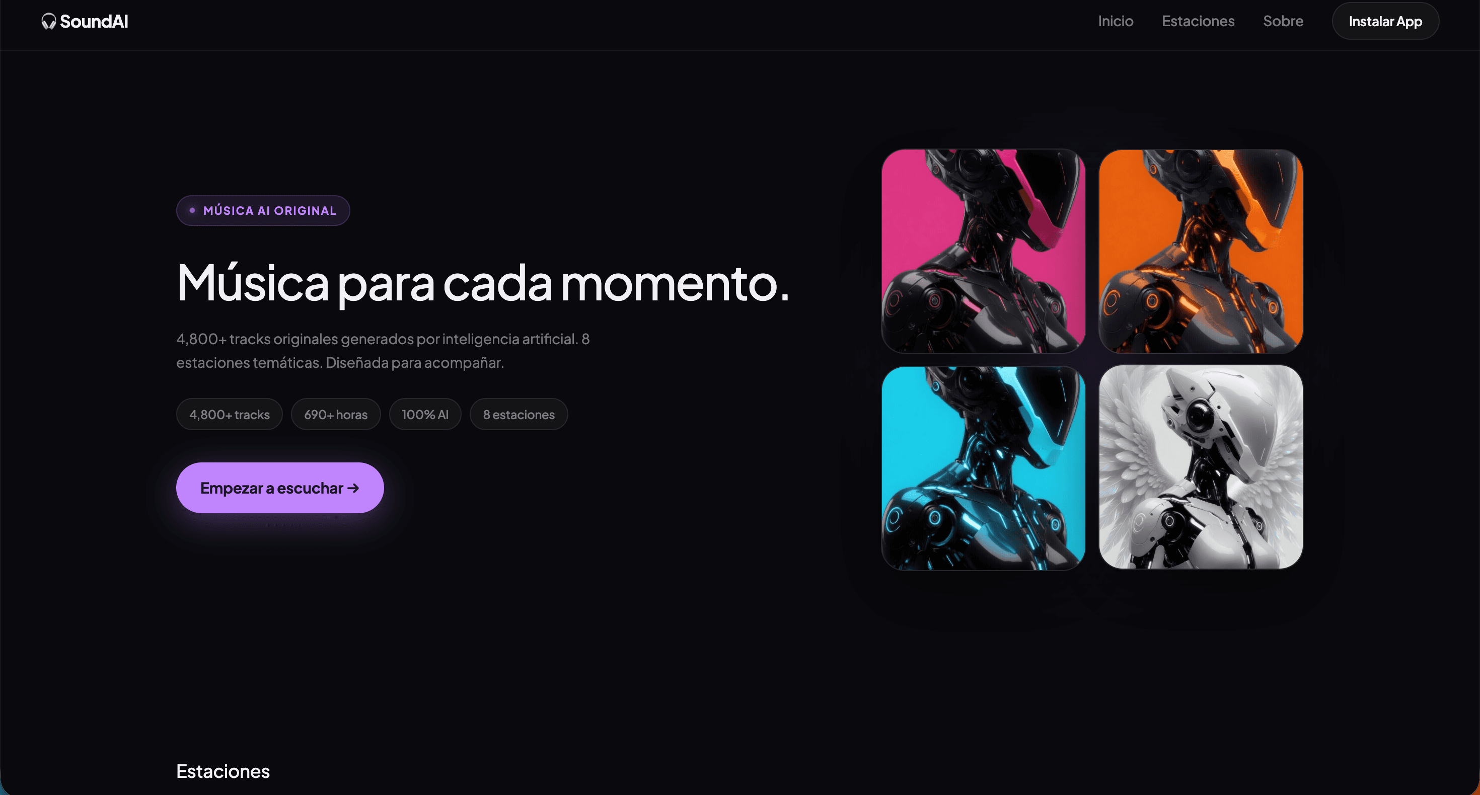 SoundAI — Música AI generada para cada momento. Catálogo propio sin licencias, white-label para operadores móviles.